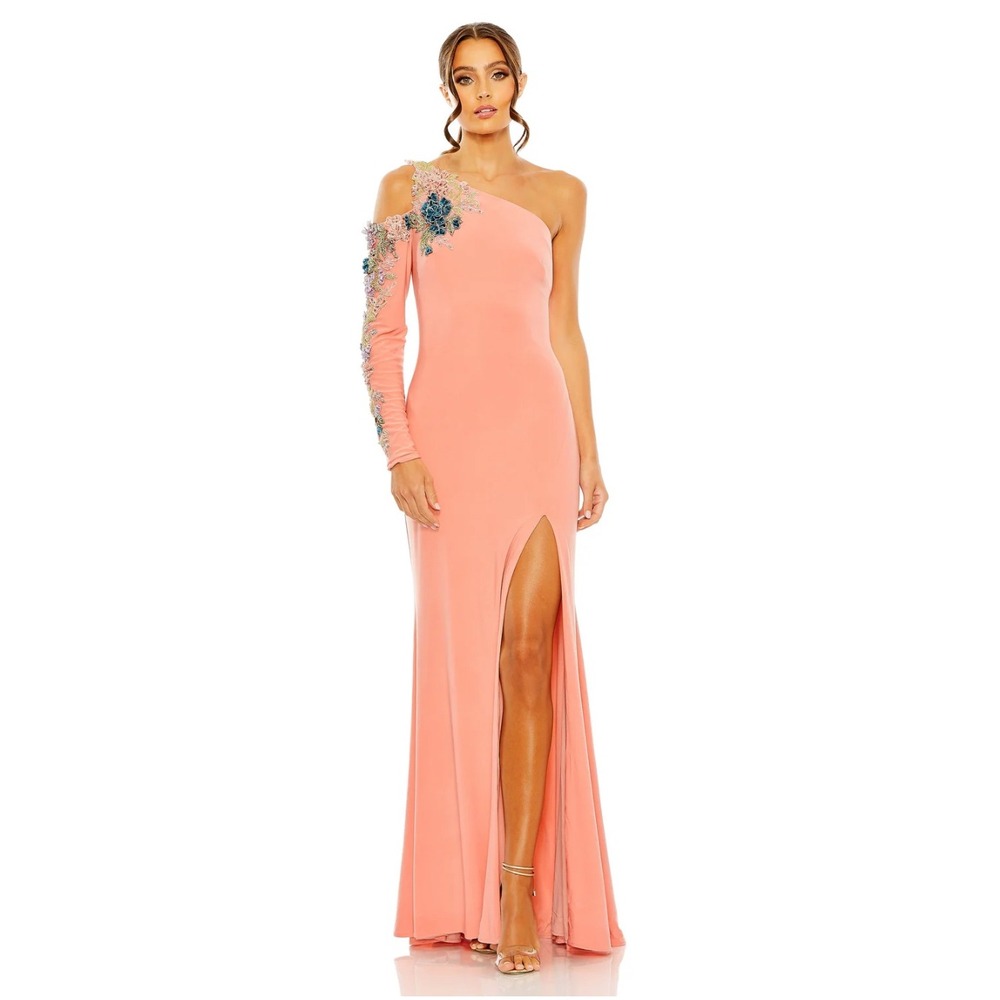 Mac Duggal 20412 One Shoulder Floral Embellished‎ Gown Coral Pink Formal Dress